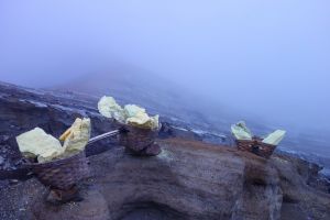 80kg baskets with sulfur mined in Ijen volcano, Java, Indonesia