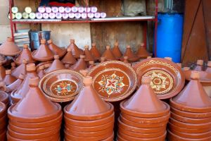 ceramic tagines on the streets in Maroko by AuthenticWorldFood.com
