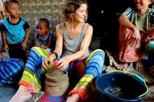 Bo on the road making ceramic mortar cobek in Indonesia, Lombok