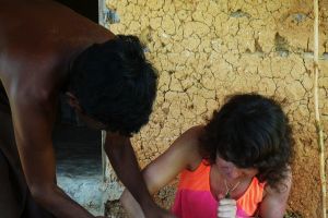 Local man helping me peeling fresh cinnamon sticks in Sri Lanka