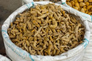 oddenky kurkumy prodávané v pytlích na tržišti v Indii