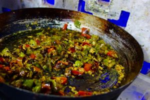 Green and red chilies fry