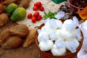 Yoghurt (curd) sold in plastic bags on traditional market in India by Authentic World Food