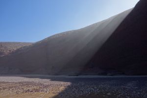 Lagzira beach with morning sun rays, south of Morocco